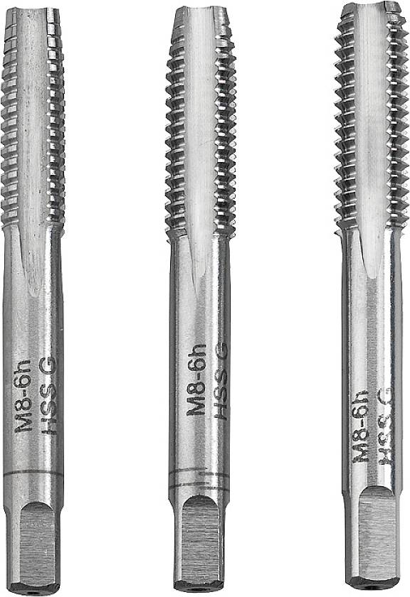 Three silver tap threads in various sizes, evenly arranged. Each tap is labelled with 'M8-6h' and 'HSS-G'.