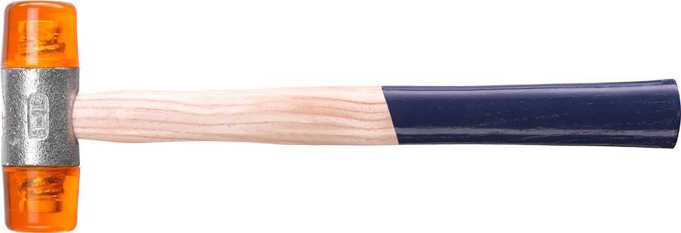 A hammer with an orange rubber head and a wooden handle, partially painted black. Perfect for tasks requiring a gentle strike.