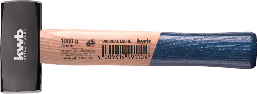 Hammer with wooden handle by kwb, weight 1000 g, original ash wood, DIN 6475 standard, black head, length approx. 30 cm.