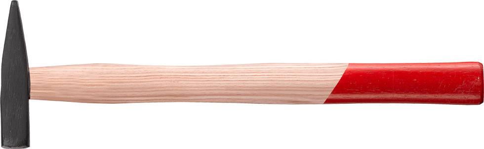 Wooden hammer with a red handle, lying on its side.