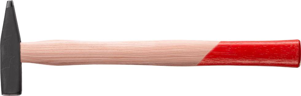 A hammer with a wooden handle and a red-painted end, lying on its side.