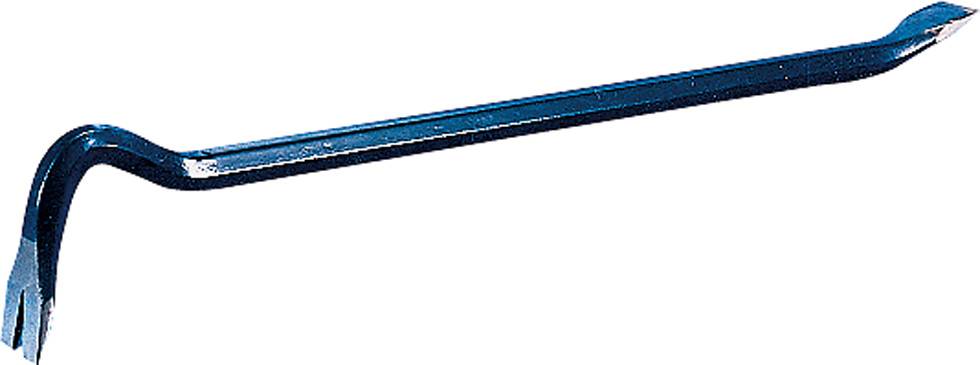 Metal crowbar with a curved end and flat tip for levering and removing nails, commonly used in construction work.