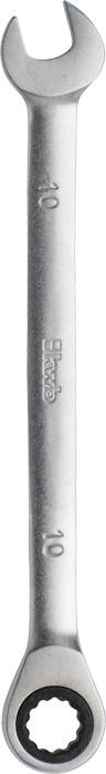 A silver spanner with an open-ended and ring end, with '10' stamped on it, is lying on a white background.