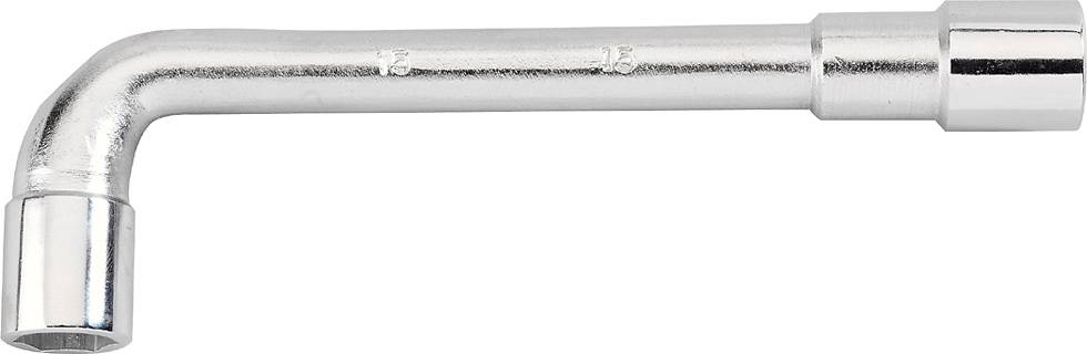 L-shaped metal spanner with two hexagonal ends for tightening or loosening nuts and bolts.
