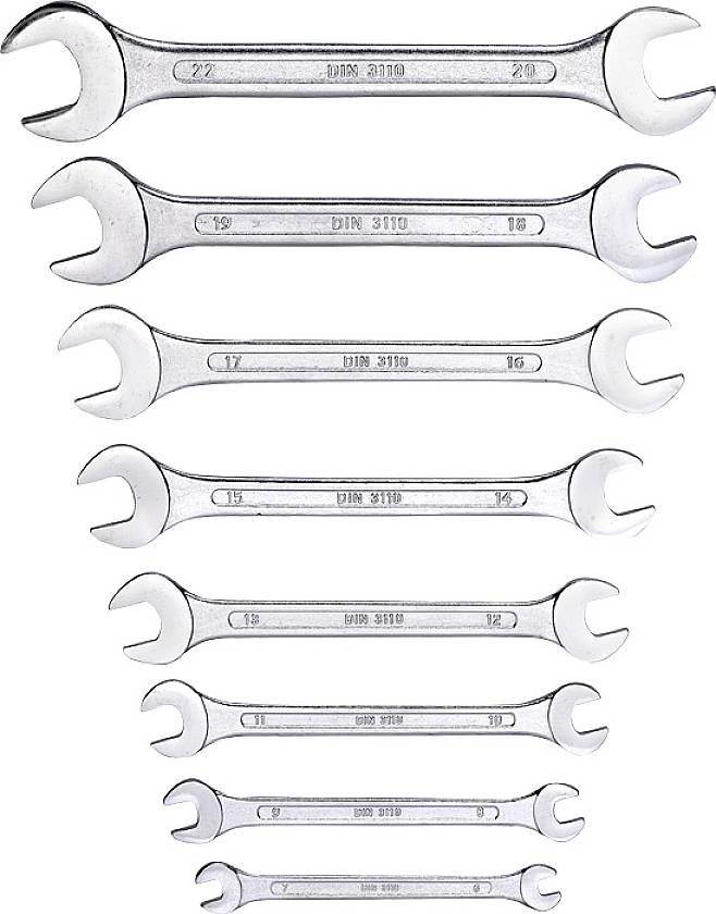 Eight spanners in various sizes ranging from 27 to 8 mm, arranged vertically from top to bottom. Standard 'DIN 3110' is indicated.
