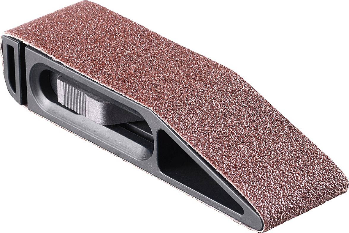 A red abrasive tool with a rectangular, angled shape and a black handle; used for woodworking or metalworking.