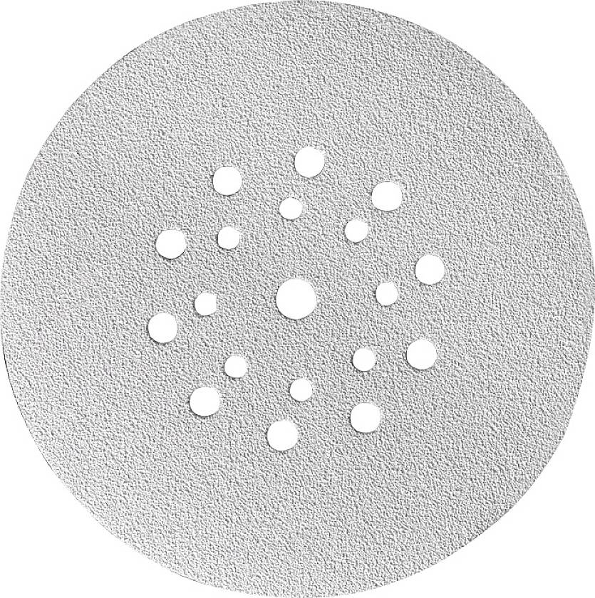 Round grinding disc with several evenly distributed holes in the centre. Surface is grainy for grinding work.