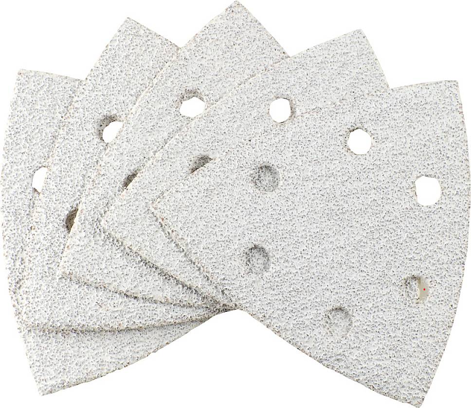 Illustrated are five sandpaper-like sheets arranged in a fan shape, layered on top of each other. Each sheet has holes for dust extraction.