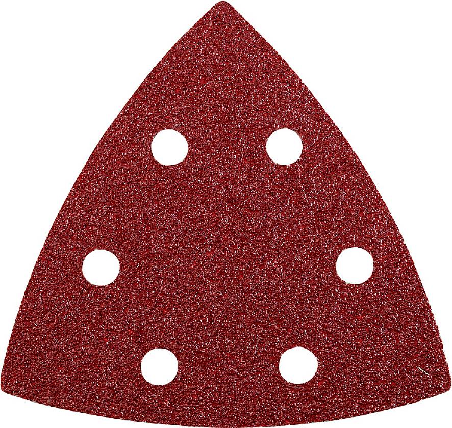 A red delta-shaped sanding paper with six holes, suitable for a multi-sander, lies on a white background.