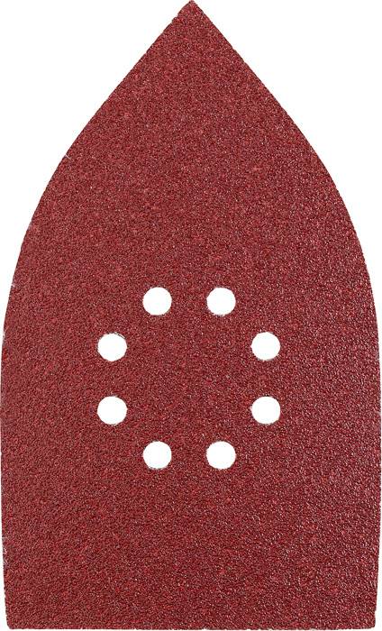 Red sandpaper with a pointed end and eight holes arranged in a circle. Designed for sanding work on various surfaces.