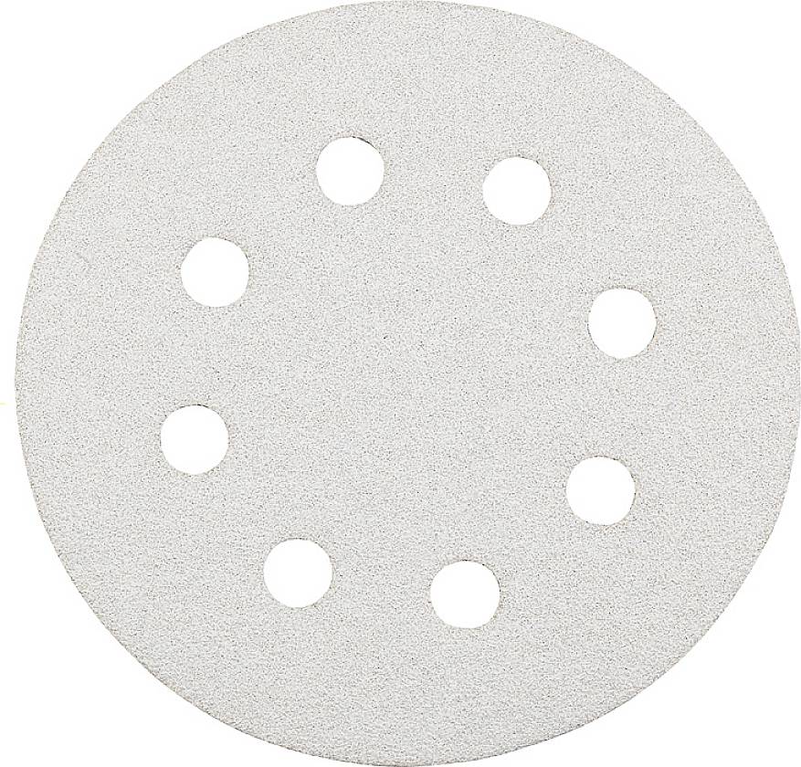 A round sanding disc with eight holes, used for grinding machines in surface processing of wood or metal.