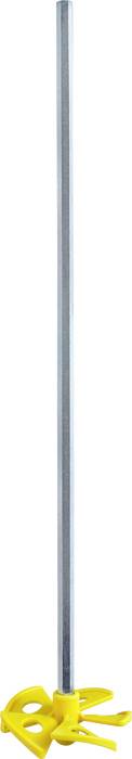 A long, silver metal rod with a yellow mixing head at the end, suitable for mixing liquids or paints.