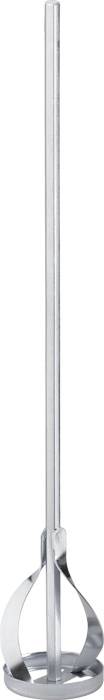 A silver mixing tool with a long handle and a spiral-shaped mixing head, primarily used for mixing paints or mortar.