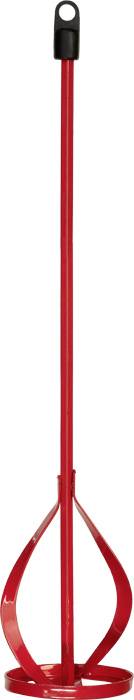 Red hand mixer with spiral-shaped mixing tool at the bottom. Ideal for mixing paints or cement.