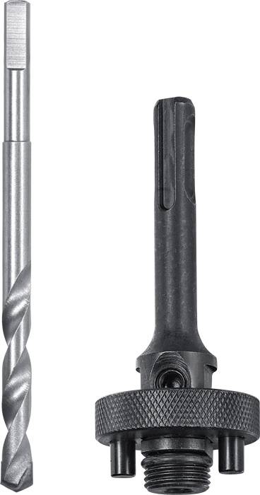 Two drill machine attachments: on the left a grey metal drill bit, on the right a black adapter with threading and grip texture.