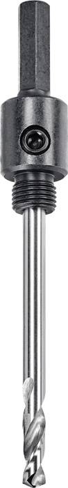 A metallic drill bit with a hexagonal shank and screw retention, suitable for power tools used in woodworking.