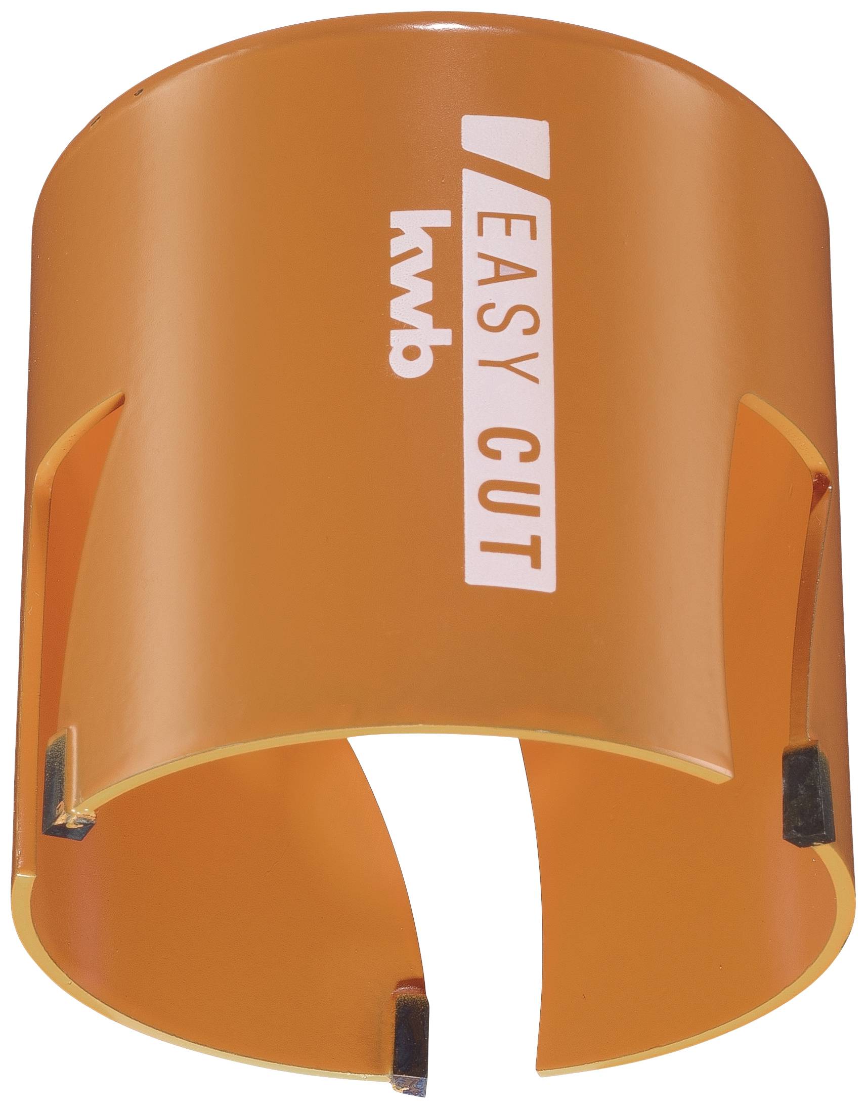 An orange hole saw attachment with the inscription 'EASY CUT', suitable for drilling large holes in various materials.