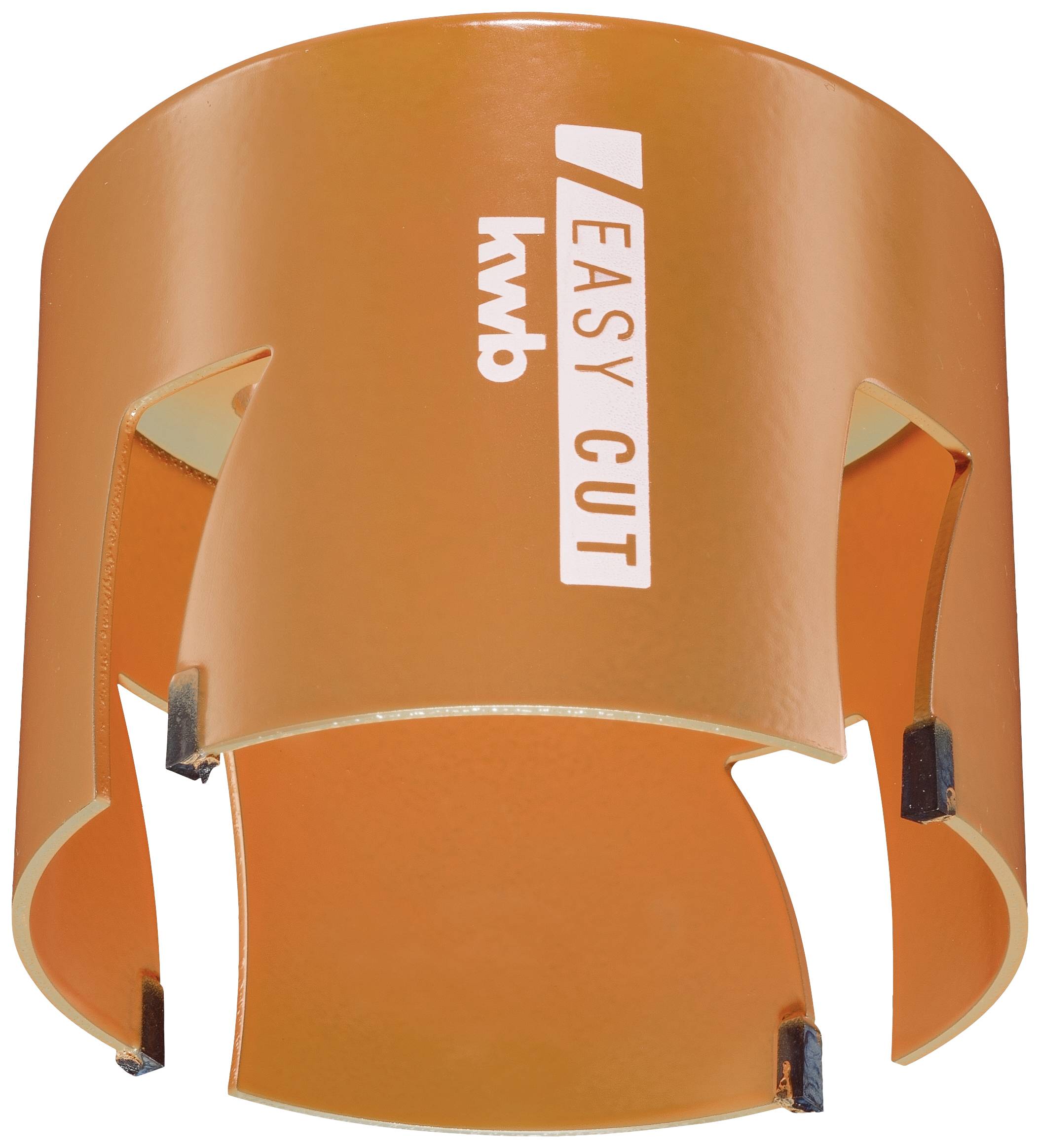 Orange metal drill crown with the inscription 'kwb Easy Cut'. Suitable for precise drilling in various materials.