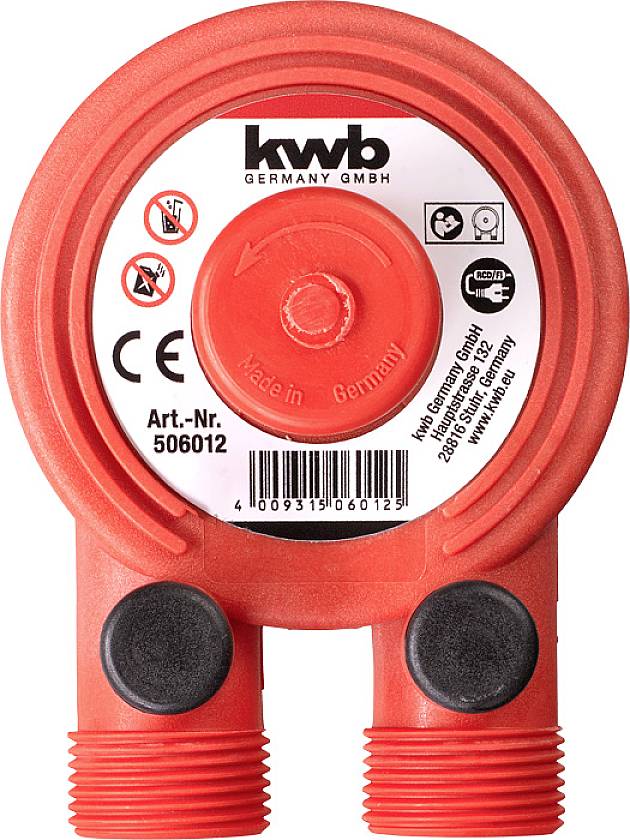 Red water connection adapter from 'kwb Germany GmbH', Item No. 506012, with CE marking and barcode on white background.