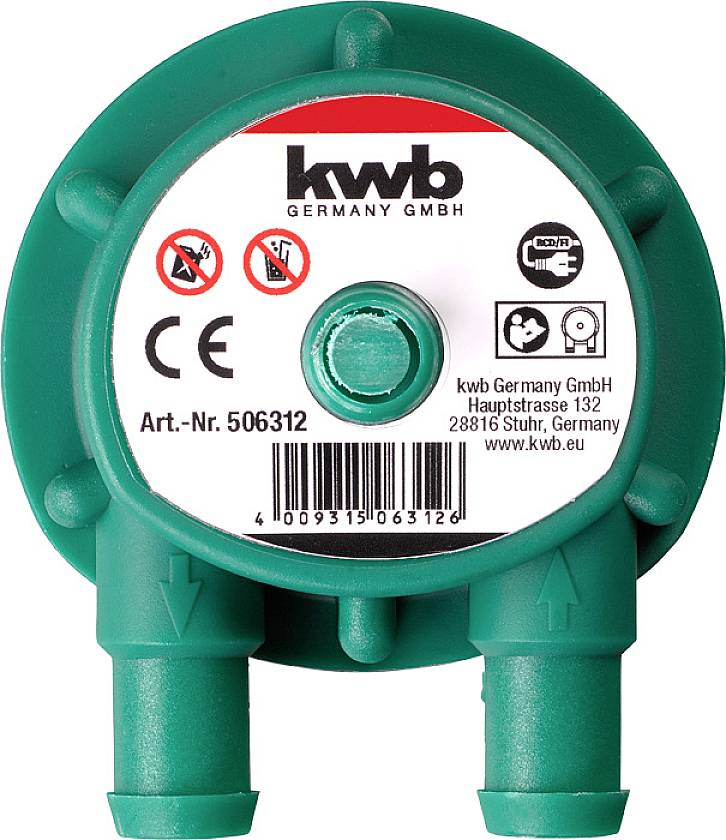 Green KWB product with CE marking, warning symbols and company contact details on the top surface.