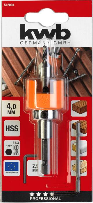 'Kwb Germany GmbH' Woodworking Drill Bit Set with 4mm Drill and Countersunk Point, Suitable for Wood. Packaging Displays Product Image and EU Flag.