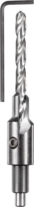 Metal drill bit with a flat, angled hexagonal key.