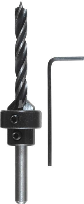 Drill with a black wooden drill bit and an Allen key beside it, suitable for precise wood drilling.