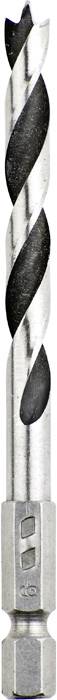 A silver drill bit with black spiral edges, depicted on a white background.
