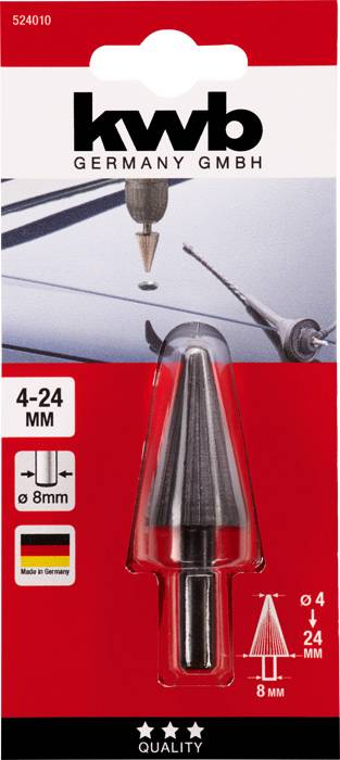 Packaging for a 'kwb Germany' stepped drill bit, ranging from 4-24 mm, featuring an illustration of the tool and an application example on a red background.