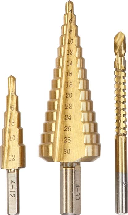 Three golden stepped drill bits in various sizes for metalworking. The drill bits have markings for different drilling diameters.