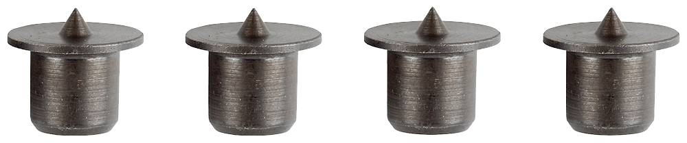 Four dark brown furniture glides with pointed ends and flat heads, arranged in a row and evenly distributed.