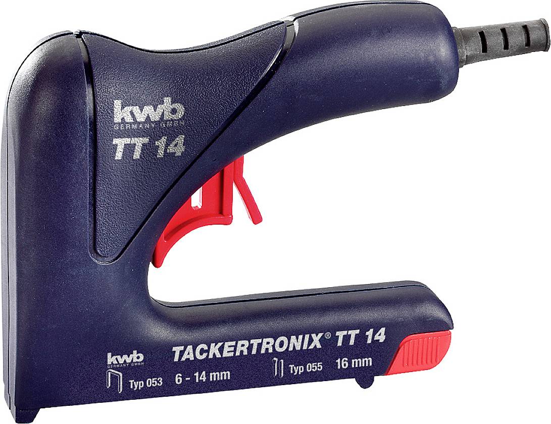 A navy-blue and black KWB hand stapler, model TT 14, with a red handle. Suitable for staples ranging from 6-14 mm.