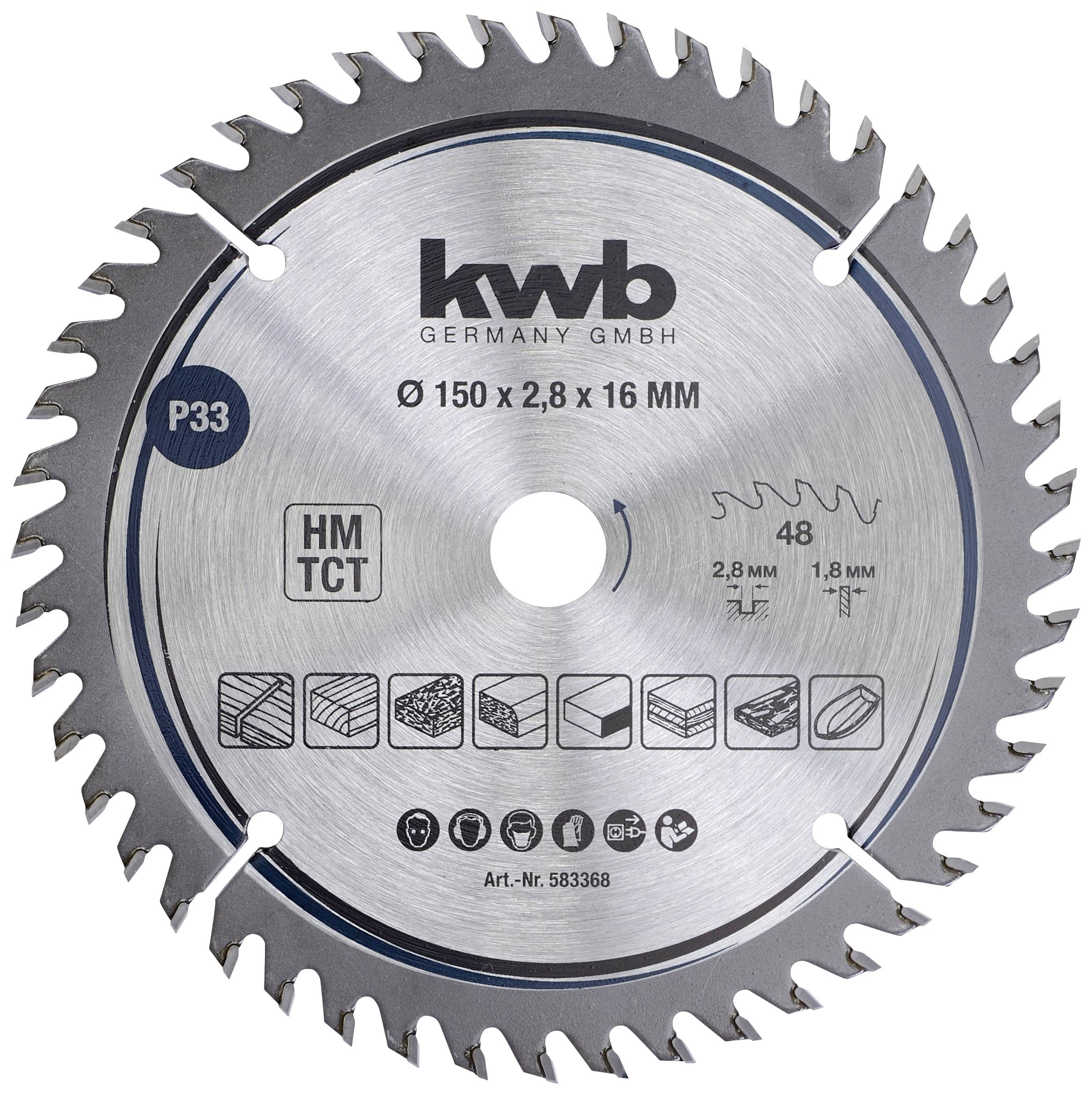 Circular saw blade with 'kwb Germany GmbH' inscription, 150 mm diameter, 48 teeth, suitable for various materials.