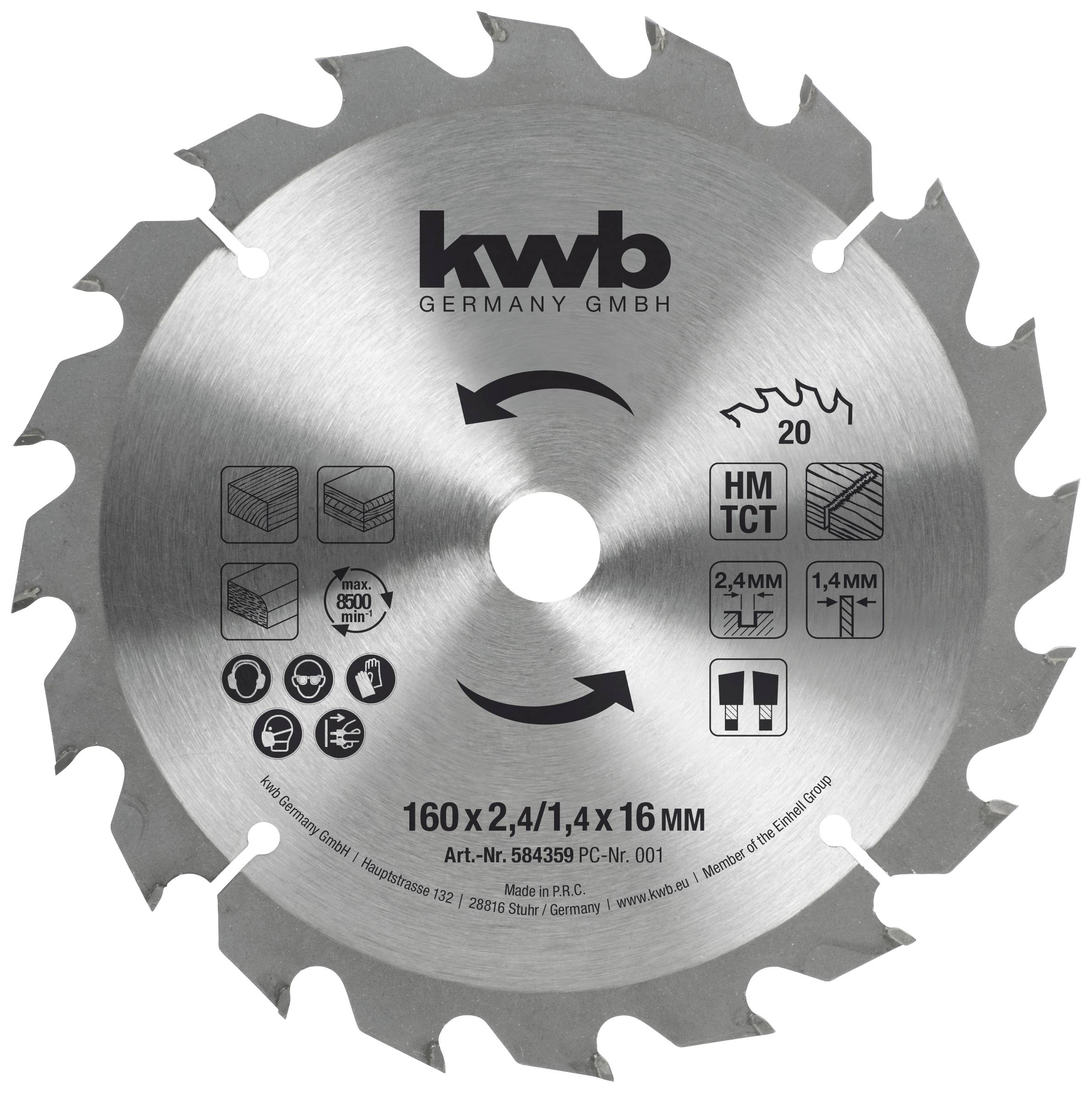 Kreissägeblatt von kwb Germany GmbH, Durchmesser 160 mm, Schnittbreite 2,4 mm, Bohrung 16 mm, Zähnezahl 20, für Holz und mehr.