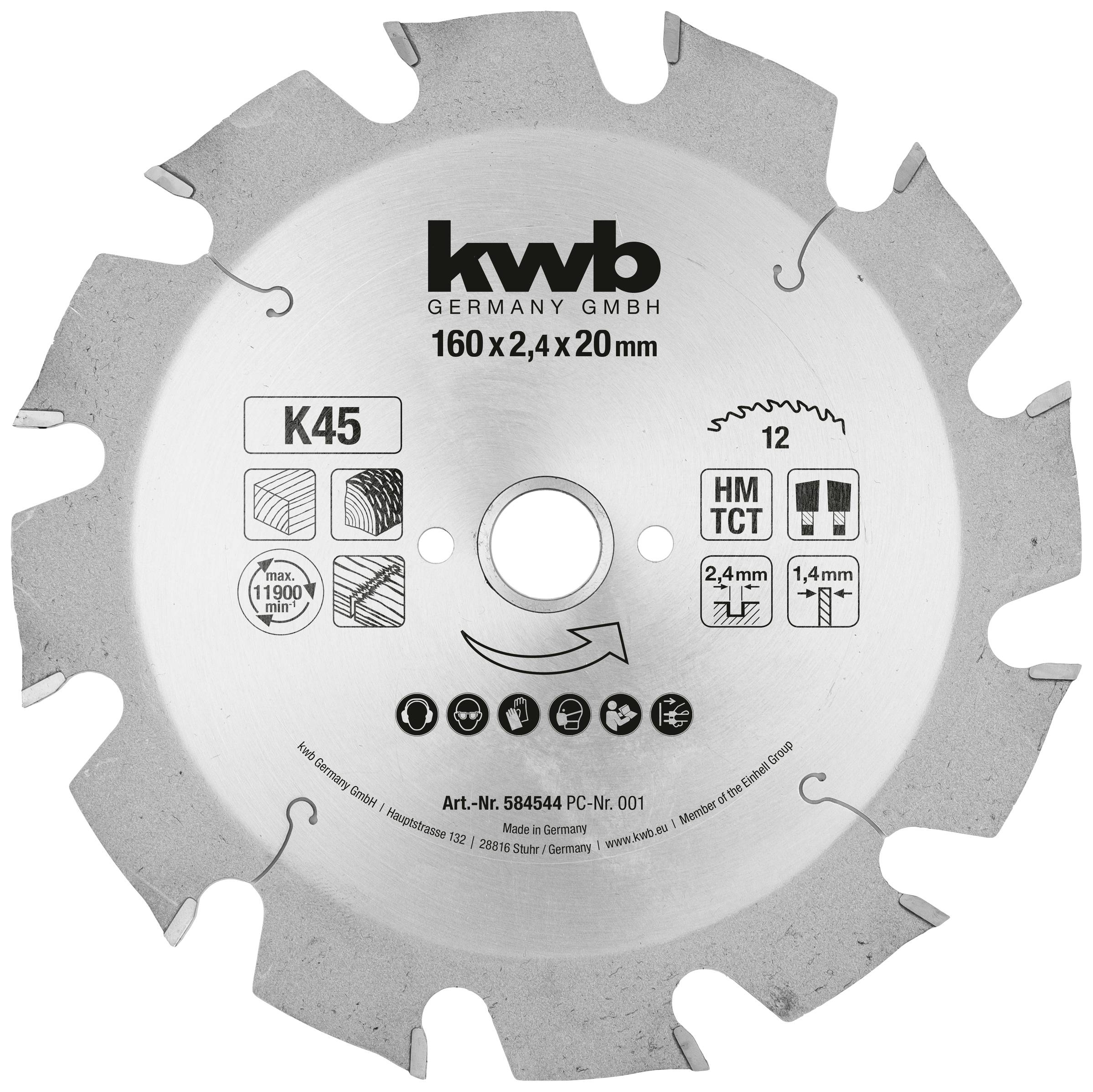 Circular saw blade by kwb Germany GmbH, 160 x 2.4 x 20 mm. Contains symbols for max. 11,900 rpm, cutting width and thickness.