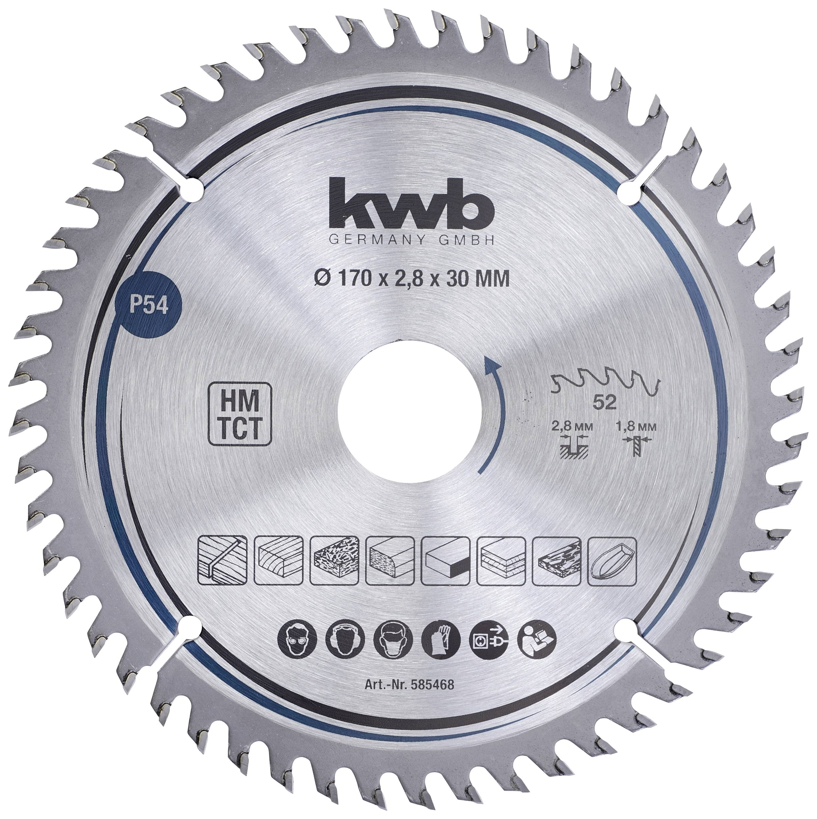 Circular saw blade with 52 teeth, TCT technology, suitable for wood. Diameter 170 mm, width 2.8 mm, bore 30 mm.