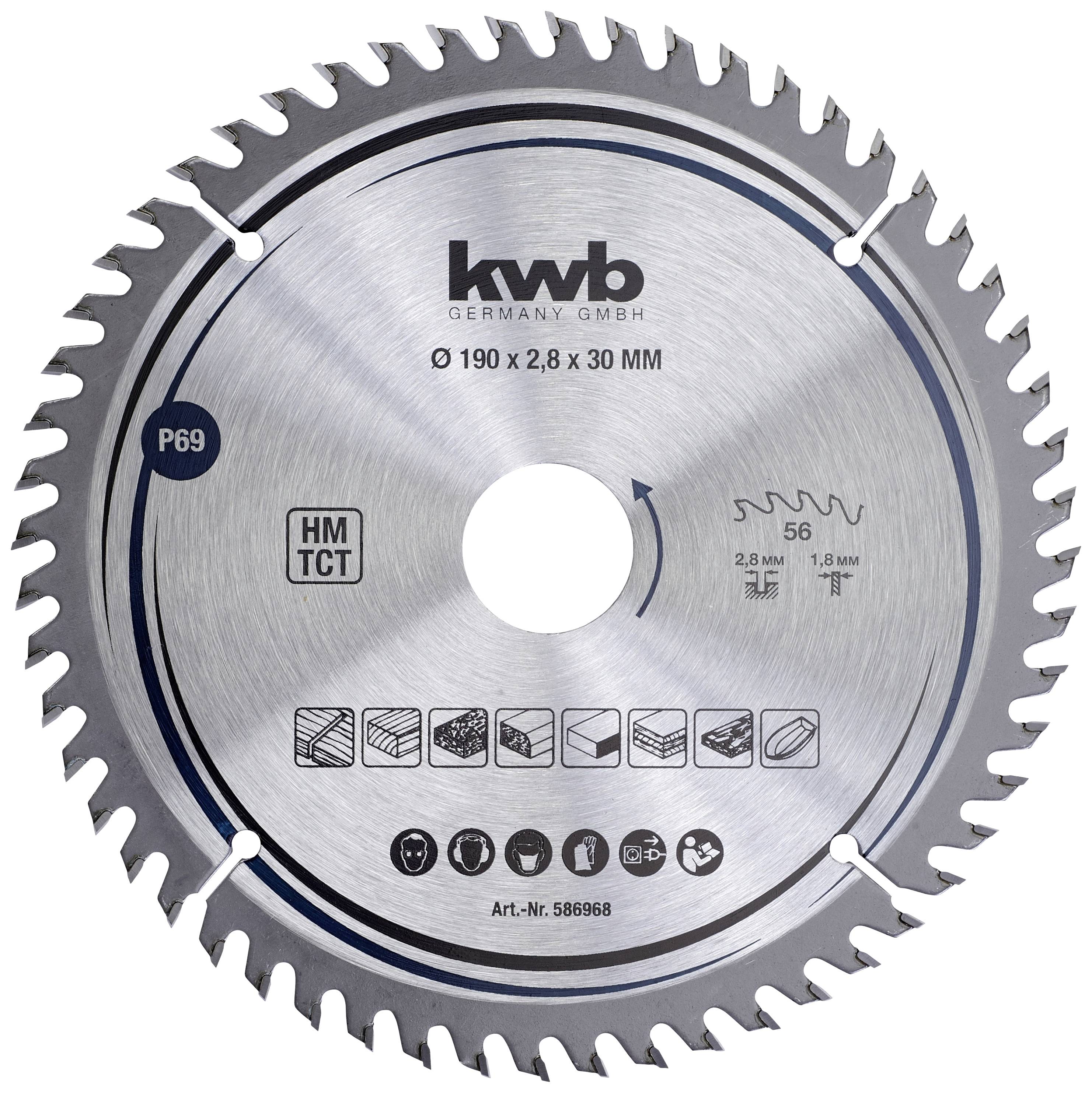 Metal circular saw blade, KWB Germany GmbH, 190 x 2.8 x 30 mm, P69, 56 teeth, Item No. 586968. Symbols for material applications.