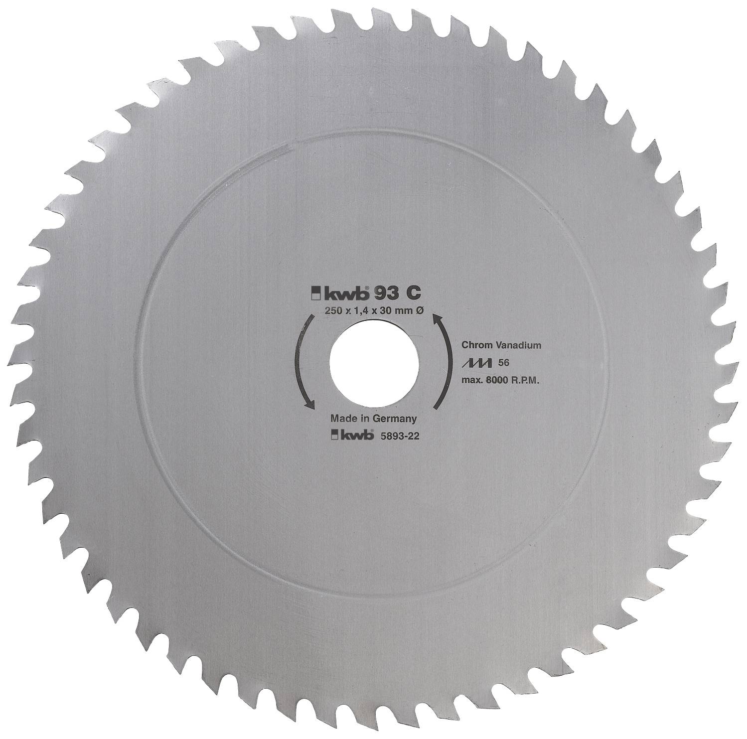 Circular saw blade made of Chrome-Vanadium, 250 x 1.4 x 30 mm, suitable for max. 6000 rpm, manufactured in Germany.