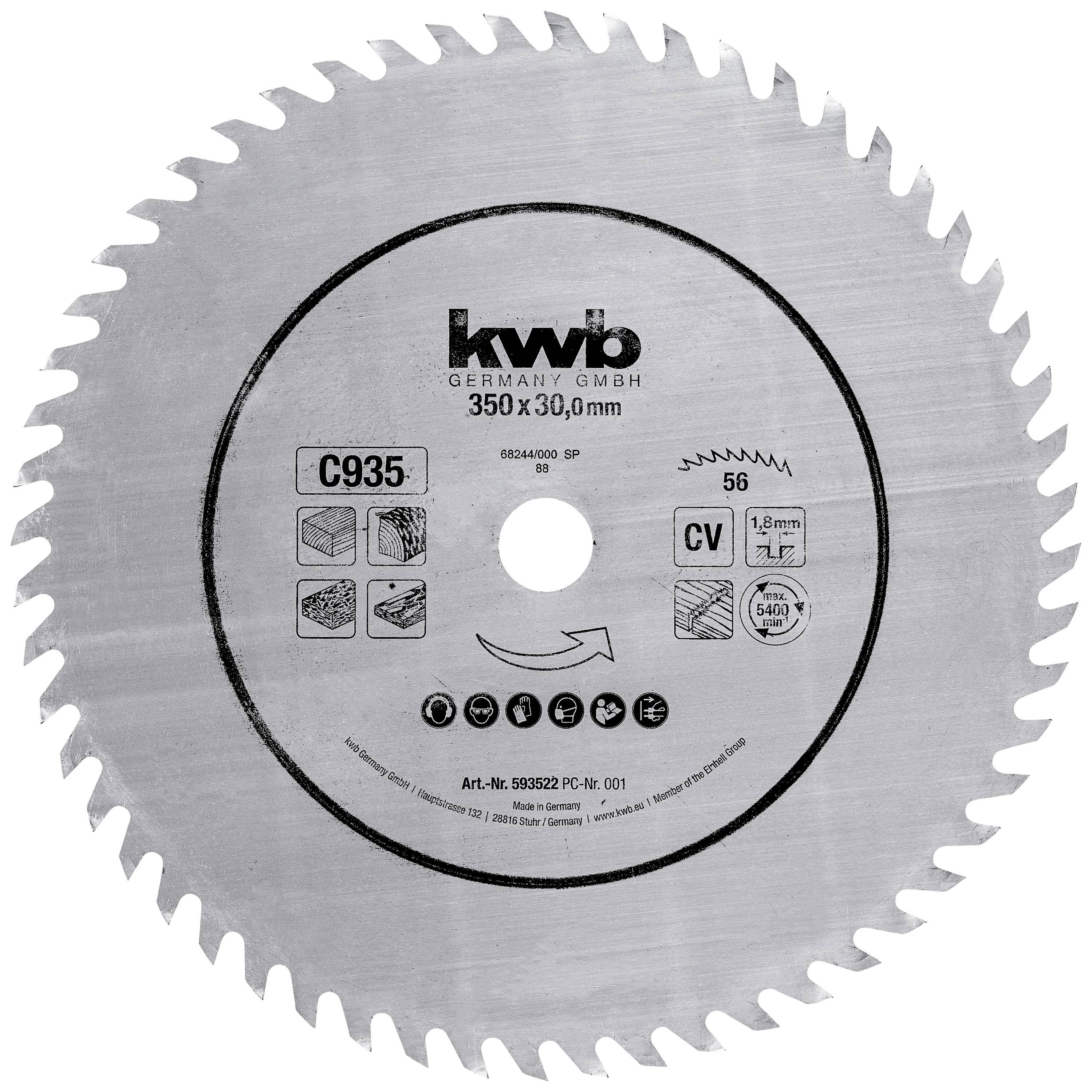 A circular saw blade with the inscription 'kwb Germany GmbH 350 x 30.0 mm'. It displays symbols for usage possibilities and material properties.