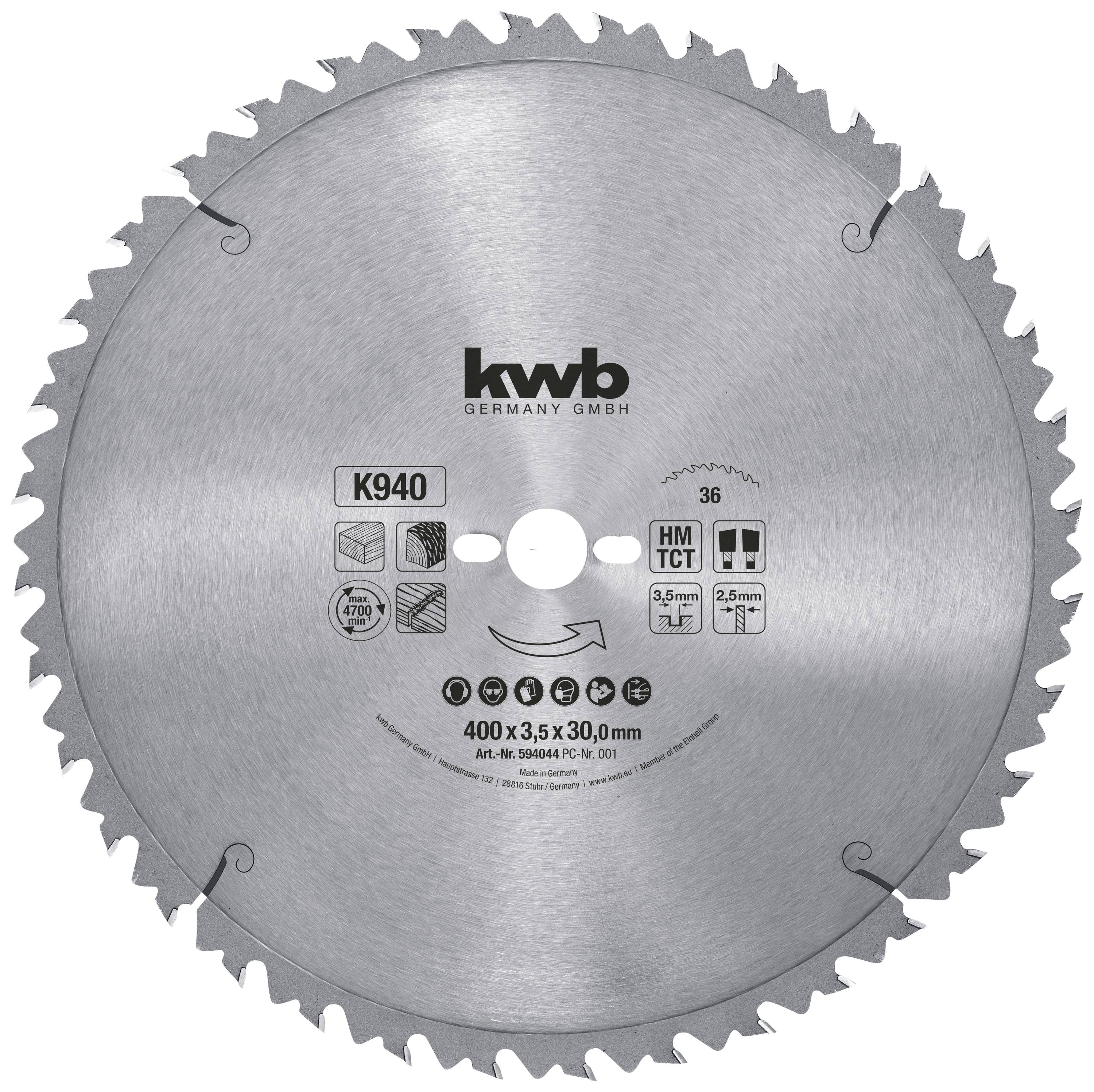 Circular saw blade with sharp teeth, inscription 'kwb GERMANY GMBH K940', diameter 400 mm. Suitable for woodworking.
