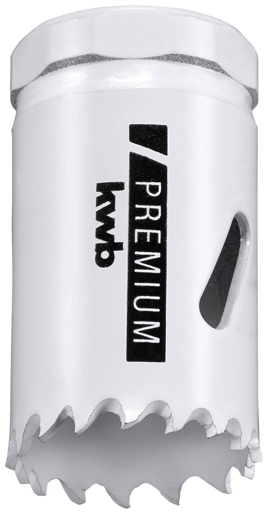 Metal hole saw by KWB Premium, white colour, serrated cutting edge and black print with logo and text.