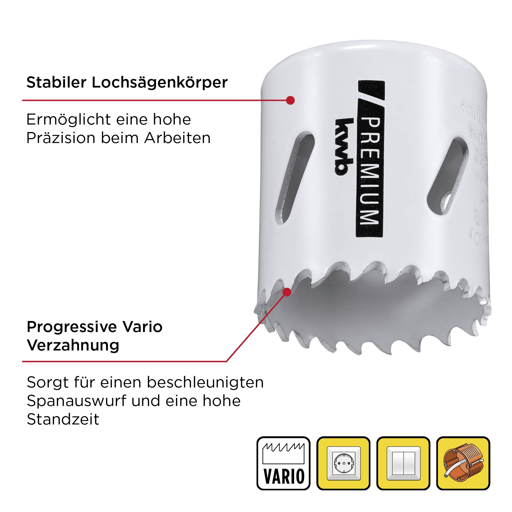 Hole saw with robust body for precise working. Progressive variable tooth configuration for rapid chip removal and high cutting speed. Brand logo visible.