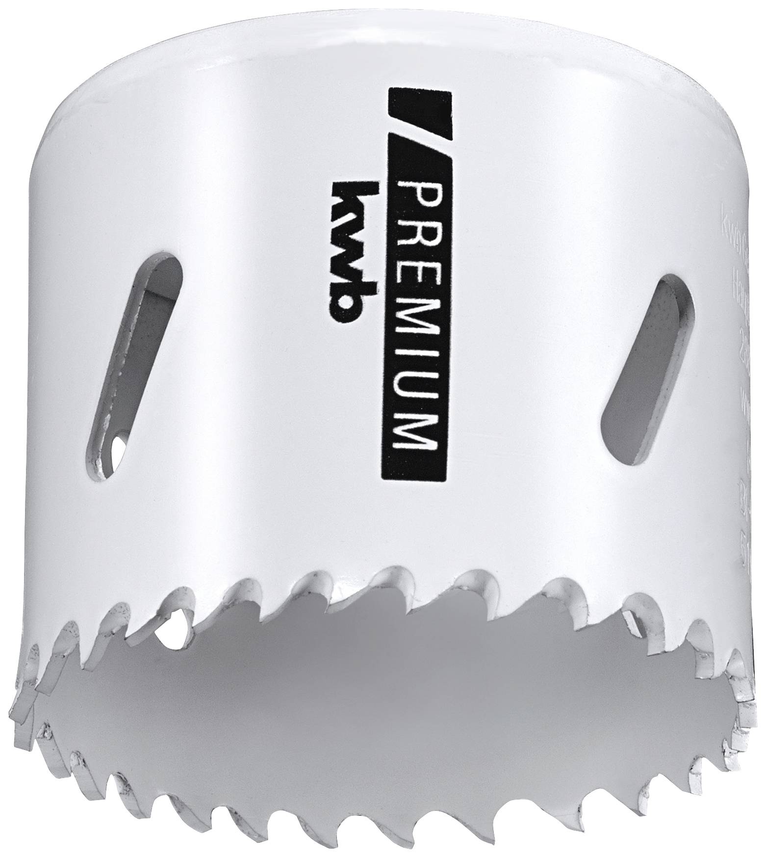 Hole saw with sharp teeth, white in colour, black label with 'KWB PREMIUM' inscription, suitable for precise drilling in materials.