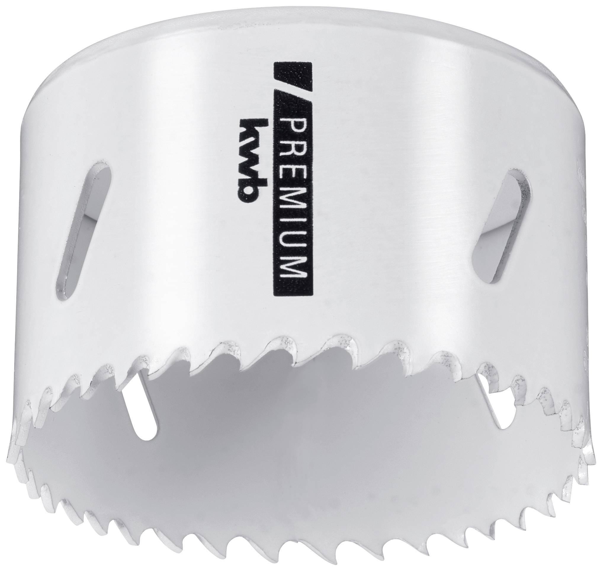 Hole saw with sharp teeth and premium marking, suitable for precise cutting in materials such as wood or metal.Translated version:Hole saw with sharp teeth and premium designation, ideal for precise cutting in materials like wood or metal.