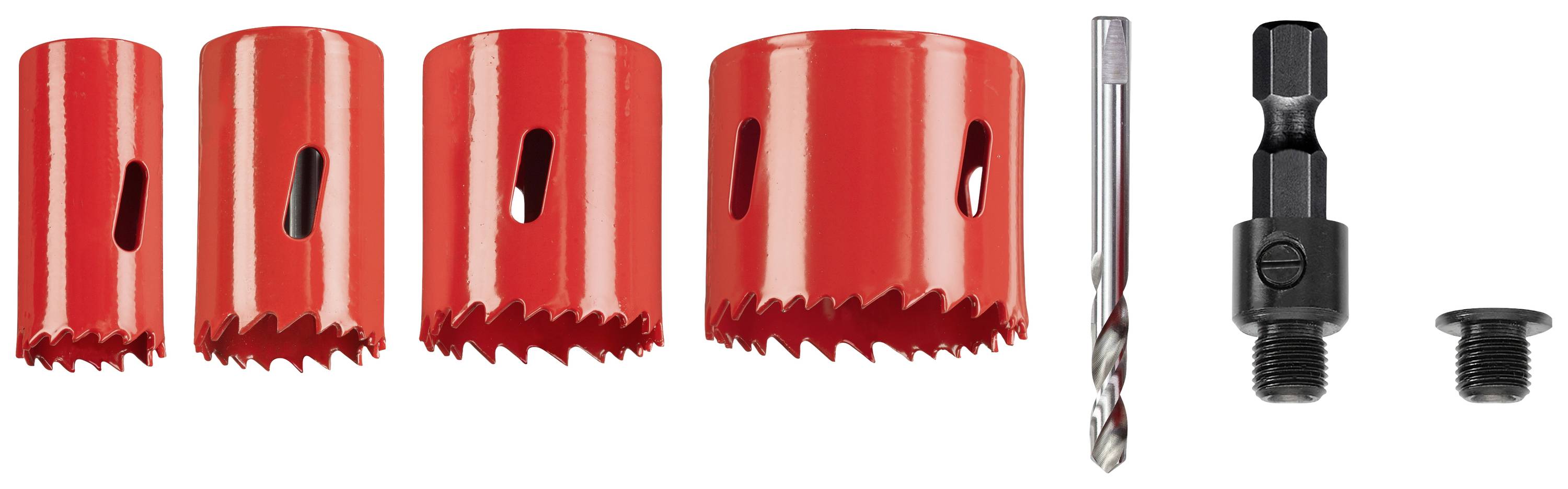 Red hole saw set with five attachments of different sizes and two socket keys, lined up side by side.