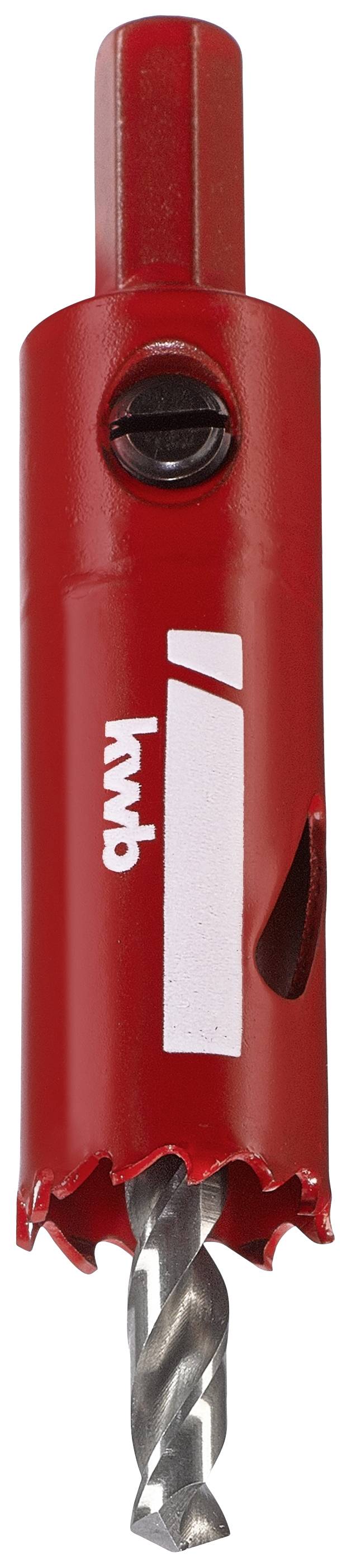 Red hole saw attachment with drill bit for metal and woodworking, brand logo visible.