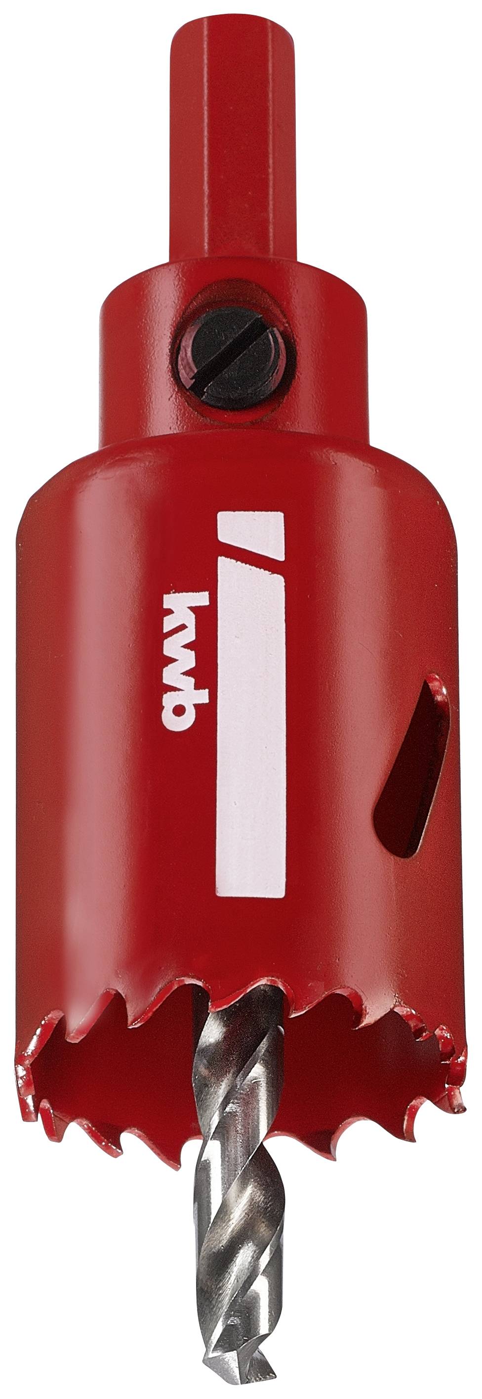 Red hole saw blade with cylindrical drill attachment, marked with 'kwb'; suitable for drilling large holes in wood or metal.