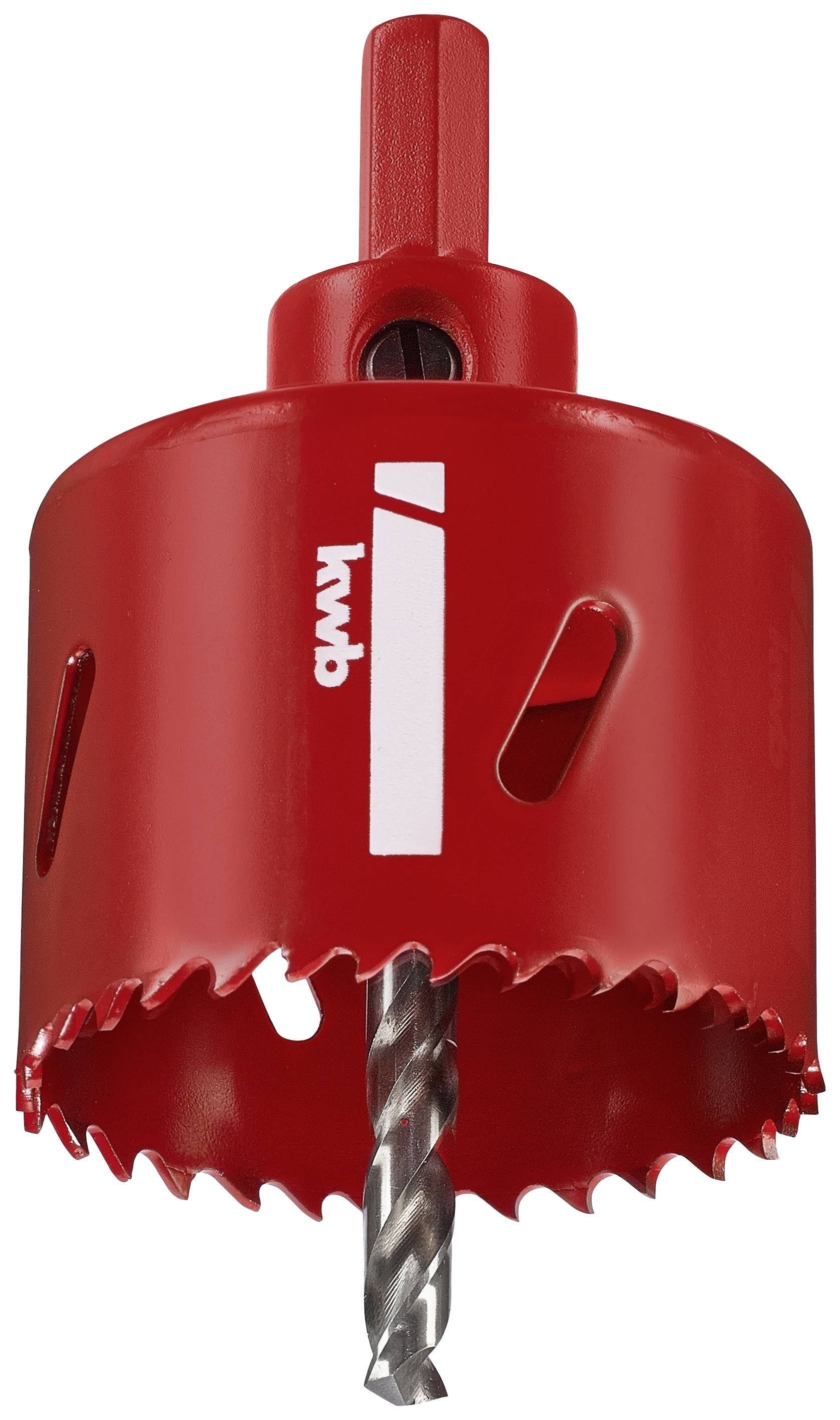 Red hole saw attachment with serrated edge and metal drill bit, suitable for drilling large holes in wood or other materials.