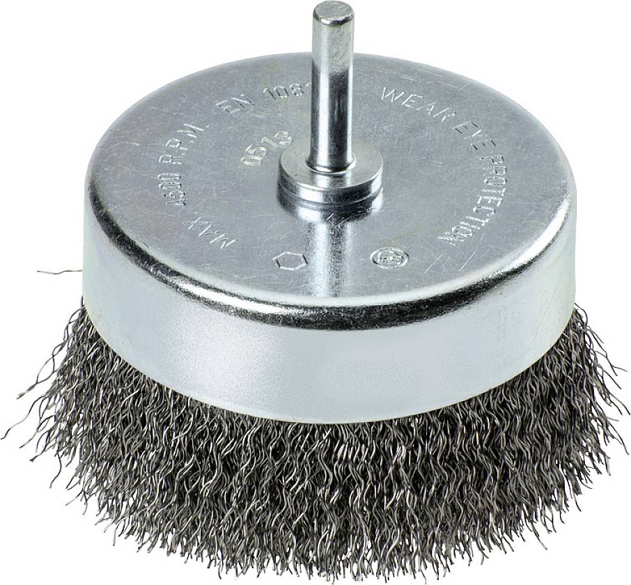 Round wire brush with metal casing and bristles, suitable for power drills. Used for cleaning or surface treatment.