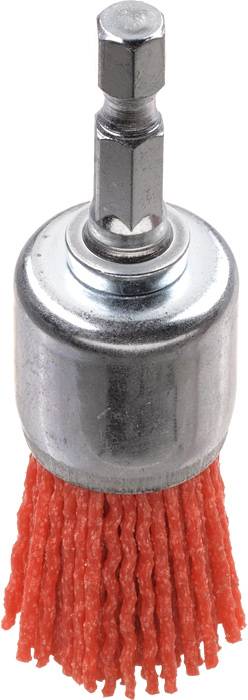 Rotary wire brush with a red bristle head and silver handle, suitable for drills, for removing rust and paint.